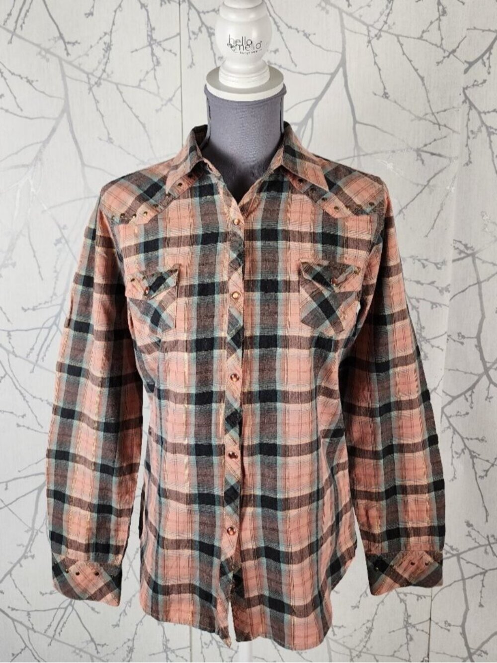 Cowgirl Up Coral Metallic Plaid Cotton Pearl Snap Western Blouse